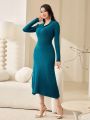 SHEIN Modely Ladies' Solid V-neck Knitted Sweater Dress