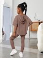 SHEIN Kids Cooltwn Young Girl Drop Shoulder Hooded Tee & Leggings