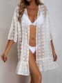 SHEIN Swim Vcay Swiss Dot Ruffle Hem Sheer Mesh Kimono