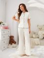 Ladies' New Fashion, Simple And Casual, White, Loose Long Pants Short Sleeve Buttoned Top, 2-Piece, Home Wear