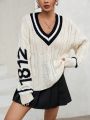 SHEIN Qutie Letter Pattern Striped Trim Drop Shoulder Cable Knit Sweater