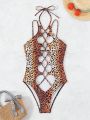 SHEIN Swim SXY Women'S Leopard Print Tie Strap One-Piece Swimsuit