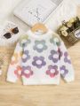SHEIN Young Girls Floral Pattern Fluffy Knit Sweater