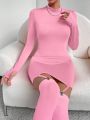 SHEIN Privé Solid Color Stand Collar Bodycon Long Sleeve Dress