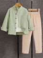 SHEIN Kids Academe 2pcs/Set Toddler Boys' Casual Stand Collar Slim Fit Long Sleeve Shirt And Pants Set