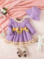 2023 Waffle Lace Flying Sleeves Double Bow Decoration Long Sleeve Double Lace Baby Dress-hat