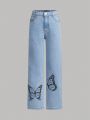 Tween Girl Butterfly Print Straight Leg Jeans