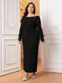 SHEIN Modely Plus Off Shoulder Pearls Beaded Sweater Dress