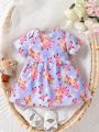 SHEIN Infant Baby Girls' Cute Cartoon Bear & Flower Print Short Sleeve Dress For Newborns