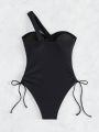 One Shoulder Hollow Out Drawstring Side Swimsuit