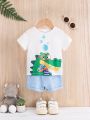 SHEIN 2pcs/Set Toddler Boys' Casual & Cute Crocodile Pattern T-Shirt And Shorts Outfit, Spring/Summer Outing