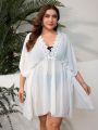 SHEIN Swim Vcay Plus Size Women'S Lace Splicing Batwing Sleeve Cover Up Dress