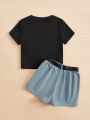 SHEIN Kids HYPEME Teenage Girls' Letter Print Knitted T-Shirt And Woven Utility Shorts Sports Casual 2pcs Outfit