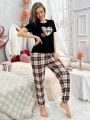 Heart Print Short Sleeve T-Shirt And Plaid Pants Homewear