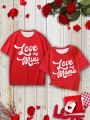 Tween Girls' Red Short Sleeve Casual T-Shirt With Love Heart Letter Print, Mommy & Me Matching Outfit (2 Pieces Sold Separately)