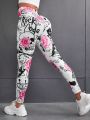 SHEIN Yoga Floral High-waisted Athletic Leggings With Floral And Skull Graphics