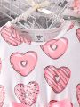 SHEIN Kids CHARMNG Little Girls' Romantic & Lovely Heart Printed Round Neck Long Sleeve Mesh Dress For Spring & Autumn