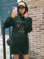 Letter Graphic Kangaroo Pocket Drop Shoulder Drawstring Hoodie Dress