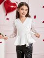 SHEIN Kids FANZEY Tween Girl Surplice Neck Contrast Mesh Gigot Sleeve Ruffle Blouse