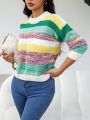 SHEIN Essnce Women's Round Neck Striped Loose Fit Pullover Sweater