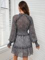 Ladies' V-neck Random Floral Lace Long-sleeved Dress