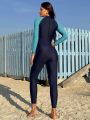 SHEIN Swim SPRTY Women's Stand Collar Color Block Long Sleeve One-Piece Swimsuit