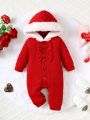 Baby Girls' Long Sleeve Jumpsuit With Wool Collar And Twisted Texture