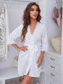 White Lace Trim Robe With Waist Belt