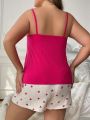 Solid Spaghetti Strap Sleepwear Set With Faux Button And Heart Print Shorts, Plus Size