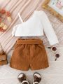 Baby Girls' Asymmetrical Collar With Bowknot Decor Top And Shorts With Belt Set