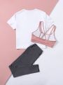 Yoga Trendy Criss Cross Back Sports Bra & Letter Graphic Sports Tee & Sports Leggings workout set