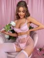 Heart Pattern Mesh Underwire Lingerie Set With 1pair Stockings