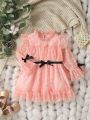 Baby Girls' Polka Dot Mesh Ribbon Splice Adorable Dress For Spring And Summer