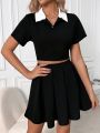 Contrast Color Turn Down Collar Cropped Top & Pleated Midi Skirt Set