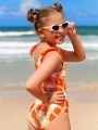 Girls Floral Print Ruffle Trim One Piece Swimsuit