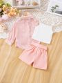 SHEIN Baby Girls' Casual Floral Pattern Long Sleeve Shirt, Camisole, Shorts 3pcs Outfits With Chiffon