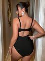 SHEIN Swim Y2GLAM Plus Size Women's Mesh Splice Rivet Decorated One-piece Swimsuit