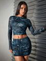 SHEIN BAE Ladies' Full Denim Mesh See-Through Back Long Sleeve Top And Low Waist Bodycon Pencil Skirt