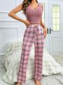 Women'S Ribbed Cami Plaid Pants Pajama Set