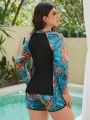 SHEIN Swim Classy Plus Size Tropical Plant Printed Long Sleeve Vest Bikini