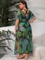 SHEIN Swim Vcay Women's Plus Size Tropical Print High Slit Cover Up
