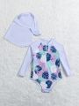 Infant Girls' One-piece Swimwear With Tropical Plant Print (with Hat)