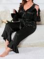 Women's Plus Size Black Satin Pajama Set With Lace Trimmed Neckline