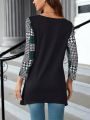 EMERY ROSE Long Sleeve Plaid Pattern Printed T-shirt