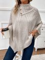 SHEIN LUNE Turtleneck Batwing Sleeve Button Detail Cable Knit Poncho