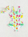 Little Girls' One-Piece Swimsuit With Full Print, Hollow Out Side Design