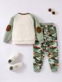SHEIN Kids HYPEME Little Boys' Colorblock Top And Camouflage Patterned Long Pants Two-piece Suit