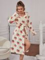 Strawberry Print Hooded Belted Flannel Robe