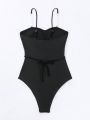 SHEIN Swim Chicsea Ladies' Fashionable One-Piece Swimsuit With Imitation Pearl Decorated Plunging Neckline Design