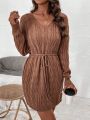 SHEIN LUNE Women's Knitted Sweater Dress With Braided Belt